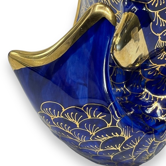 Asian Themed Vintage Colbalt Blue and Gold Koi Carp Open Mouth Fish Vase 6" Tall - Picture 12 of 13